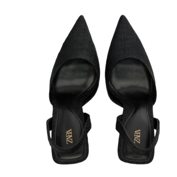 NWT ZARA RAFFIA HIGH HEEL SLINGBACKS BLACK / GOLD SIZE:9 OR SIZE: 40 - Picture 4 of 5